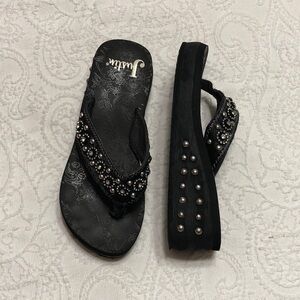 Justin Boots Flip Flop Sandals Size 6 Black Rhinestone Beaded Platform